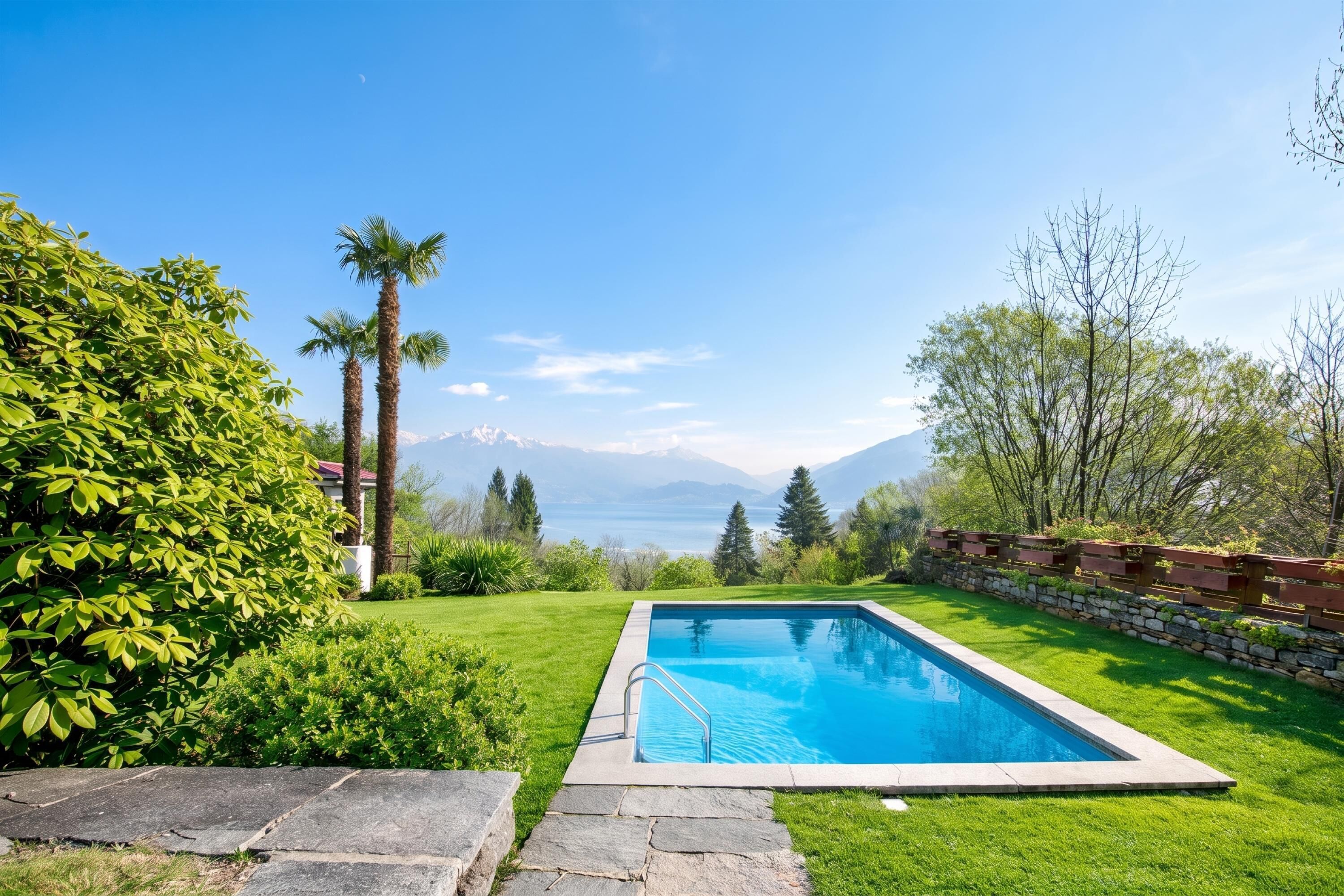 Una piscina rectangular con borde de piedra, rodeada de césped cuidado y un muro de piedra con macetas de madera.