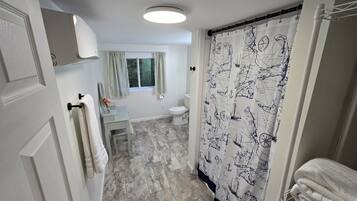 Shower, hair dryer, towels, soap
