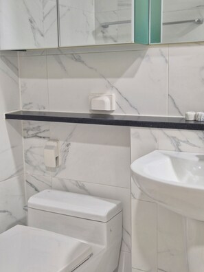 Shower, hair dryer, towels, toilet paper