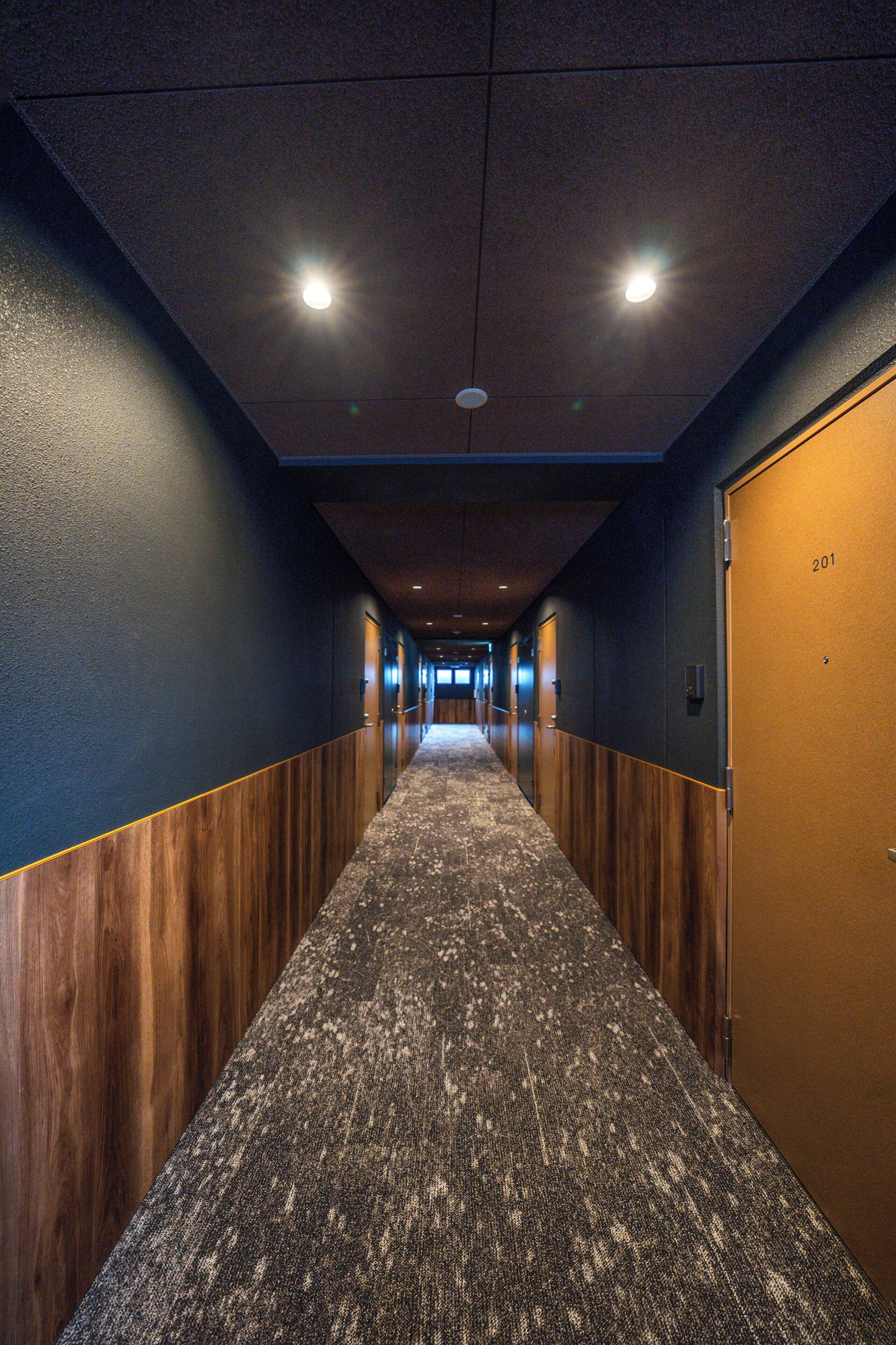 A hallway with a carpeted floor, wooden paneling on the walls, and a door labeled "201" on the right.