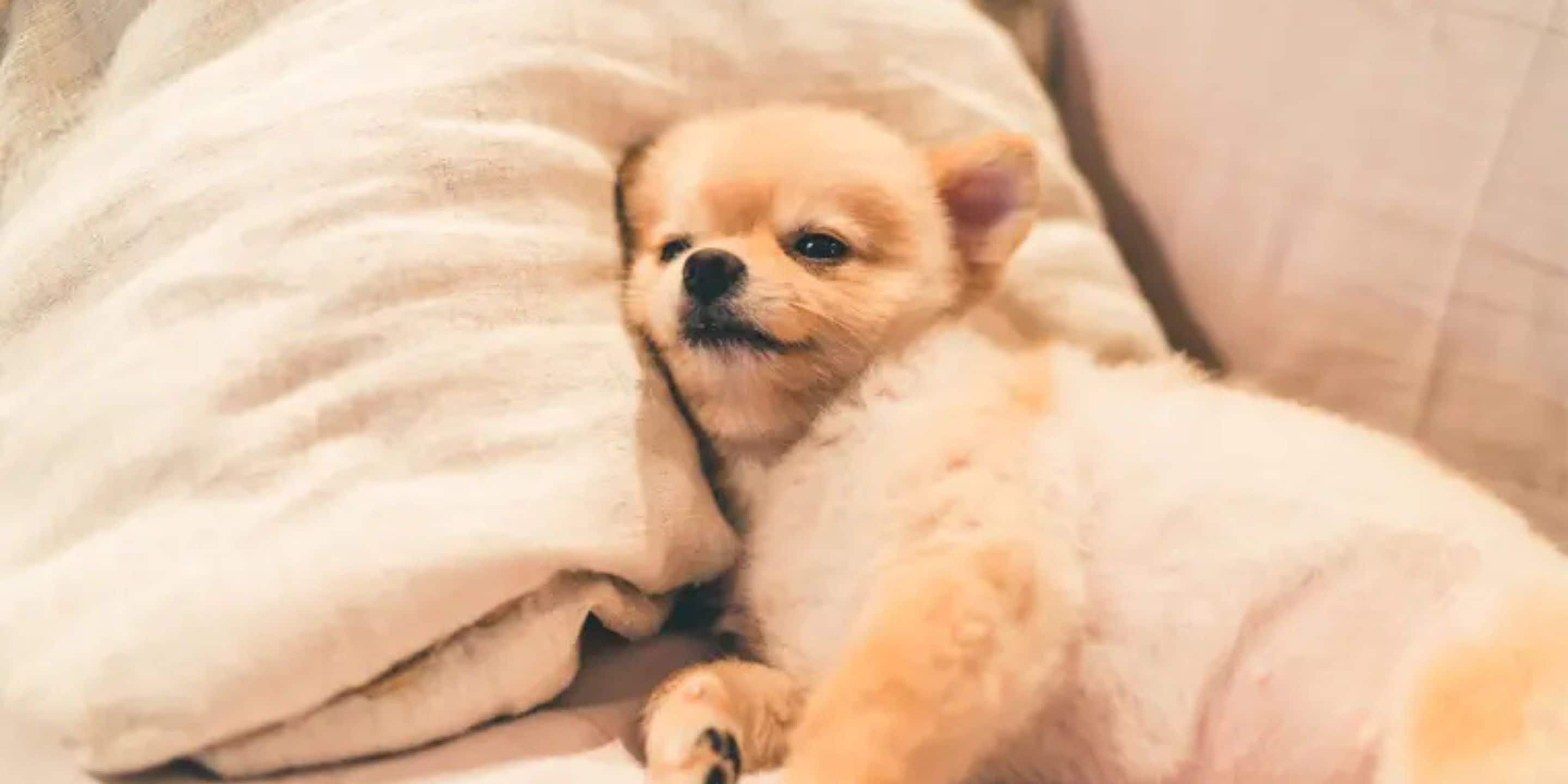 Un piccolo cane sdraiato su un letto con un cuscino bianco.