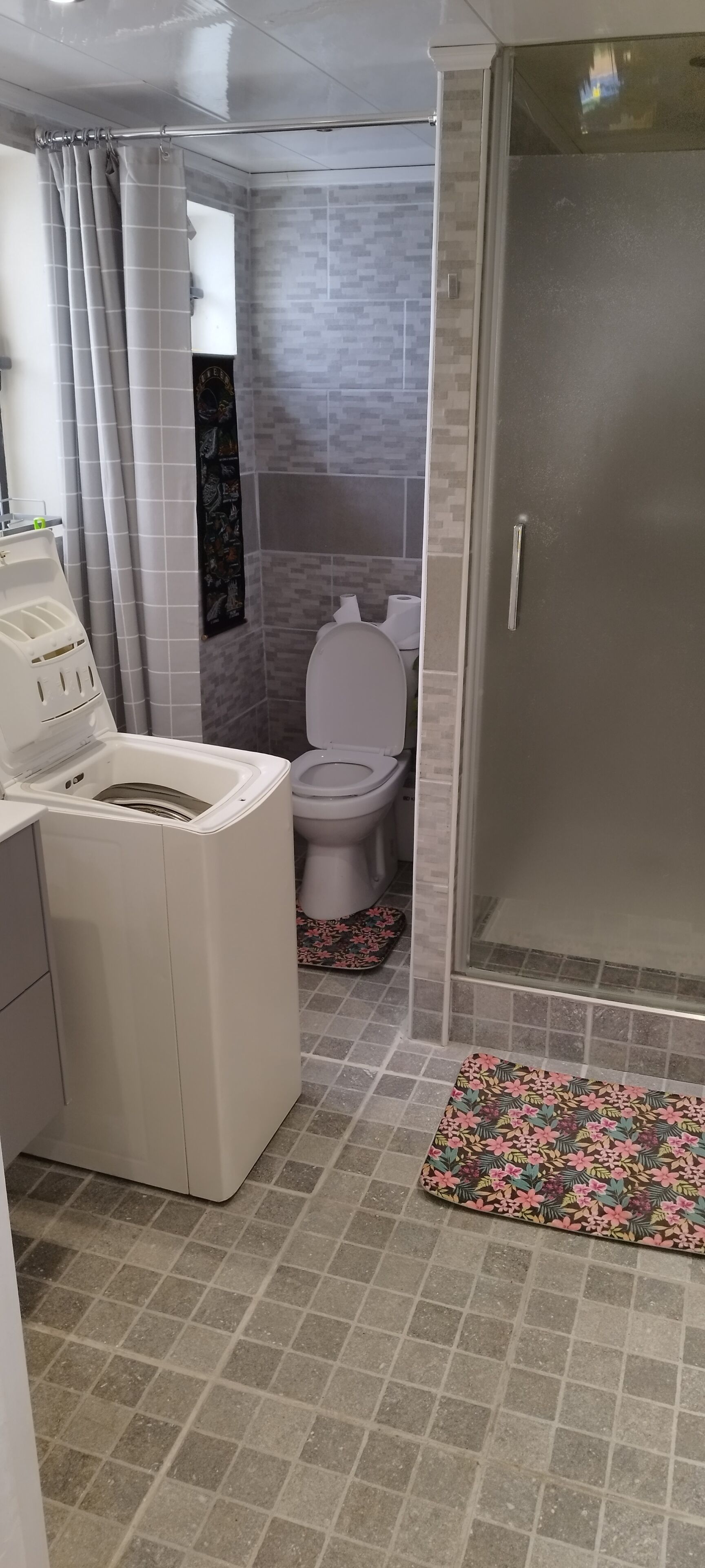 Shower, towels, soap, toilet paper