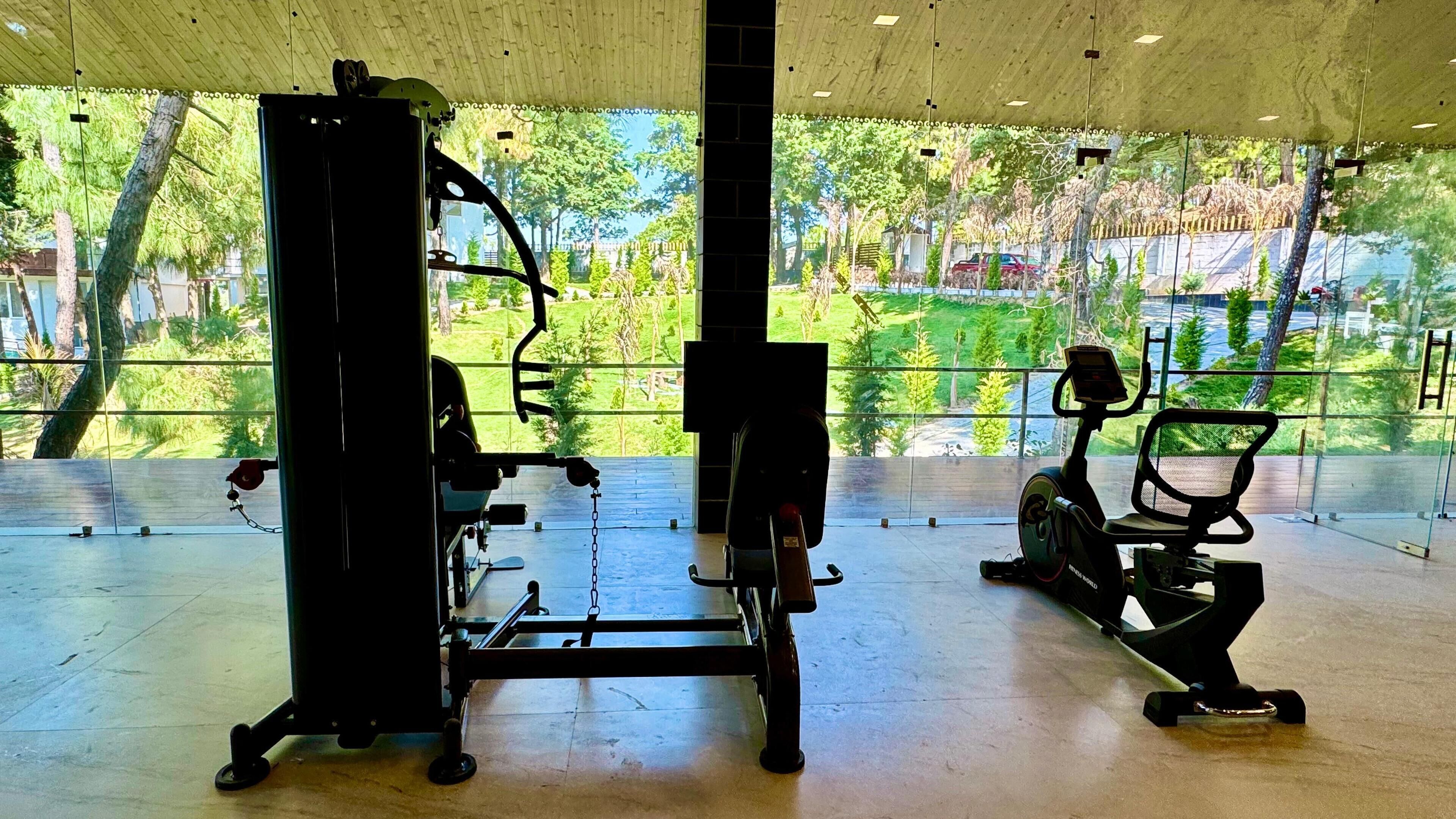 A gym with exercise equipment and large windows overlooking a green landscape.