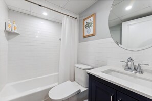 Hair dryer, towels, shampoo
