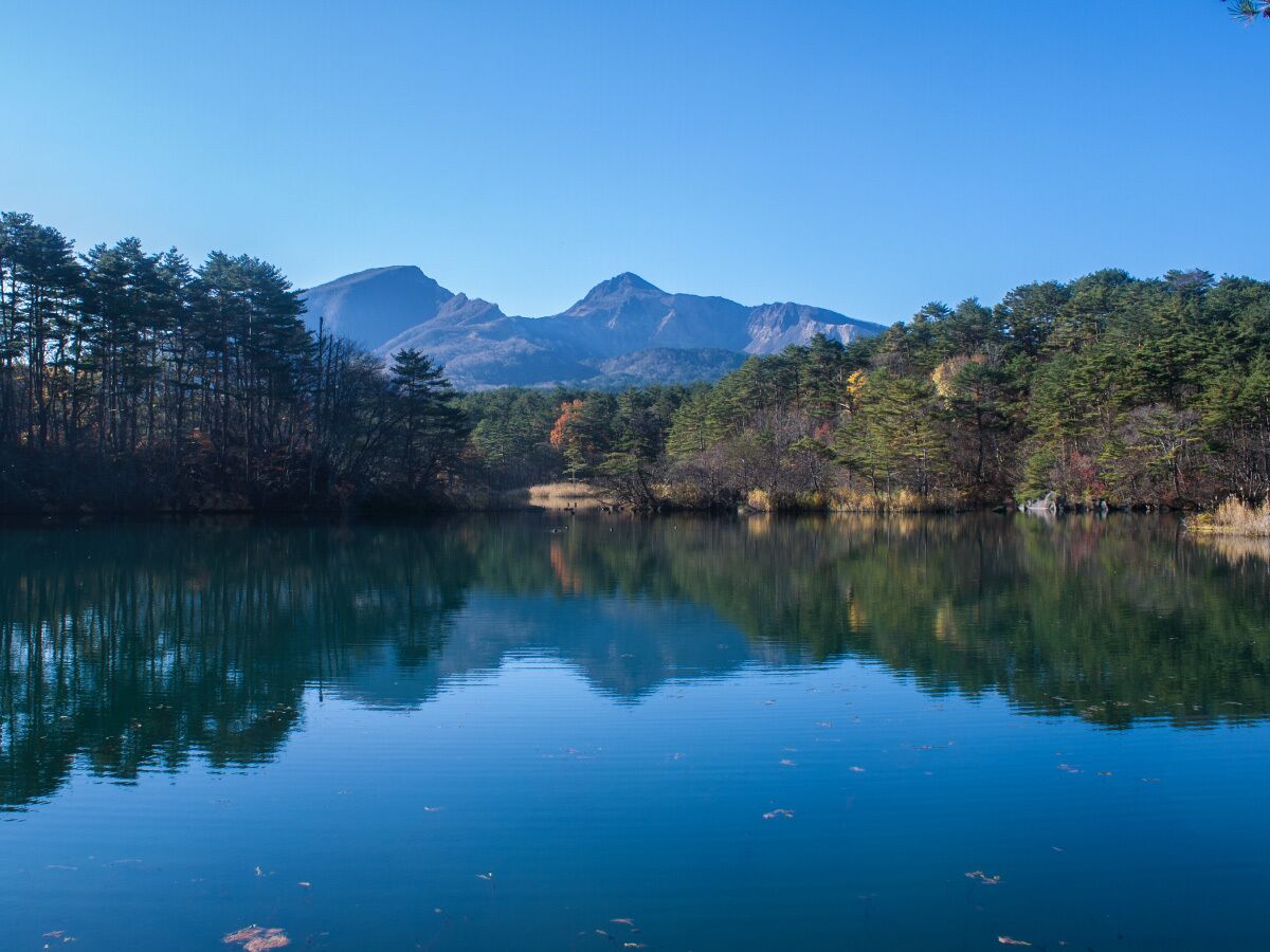 Un lago tranquilo con reflejos de árboles y montañas.