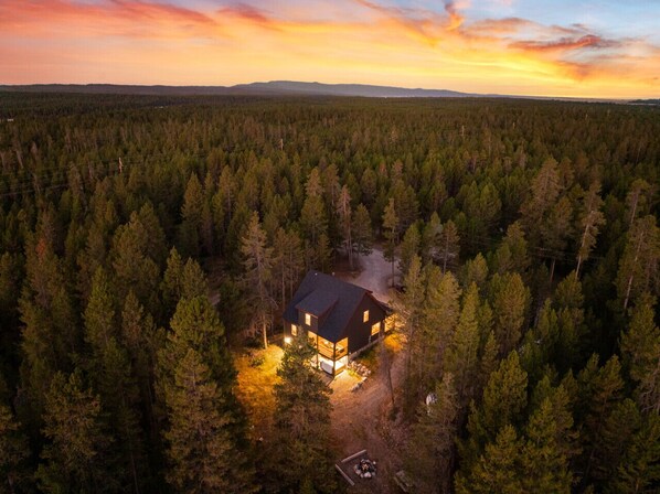 Una cabaña rodeada de un bosque denso, con una vista despejada del paisaje circundante.