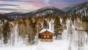 Une cabane en bois entourée d’arbres couverts de neige, avec une montagne boisée en toile de fond.