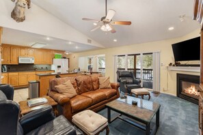 Smart TV, fireplace, foosball