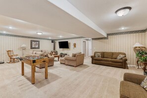 Smart TV, fireplace, table football