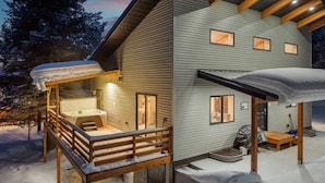A modern cabin with a wooden deck, a hot tub, and a covered outdoor seating area. - Prism Peaks | Hot Tub, Fire Pit, AC, Yellowstone, ATV, Views! (Island Park)