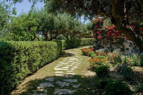 Un chemin de jardin bordé de dalles de pierre, entouré de haies soigneusement taillées et de plantes en fleurs.