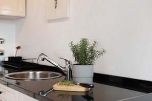 Fridge, oven, stovetop, coffee/tea maker