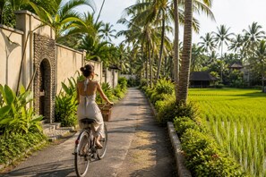 A pathway lined with palm trees and a bicycle with a basket, leading to a building with a stone facade. - Arutala Private Villa (Ubud)