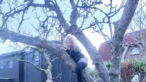 A person climbing a tree in a yard with a wheelbarrow and a building in the background. - Mobile Home 'Traumwagen An Der Mühle' with Private Terrace, Shared Garden and Wi-Fi (Nordermeldorf)