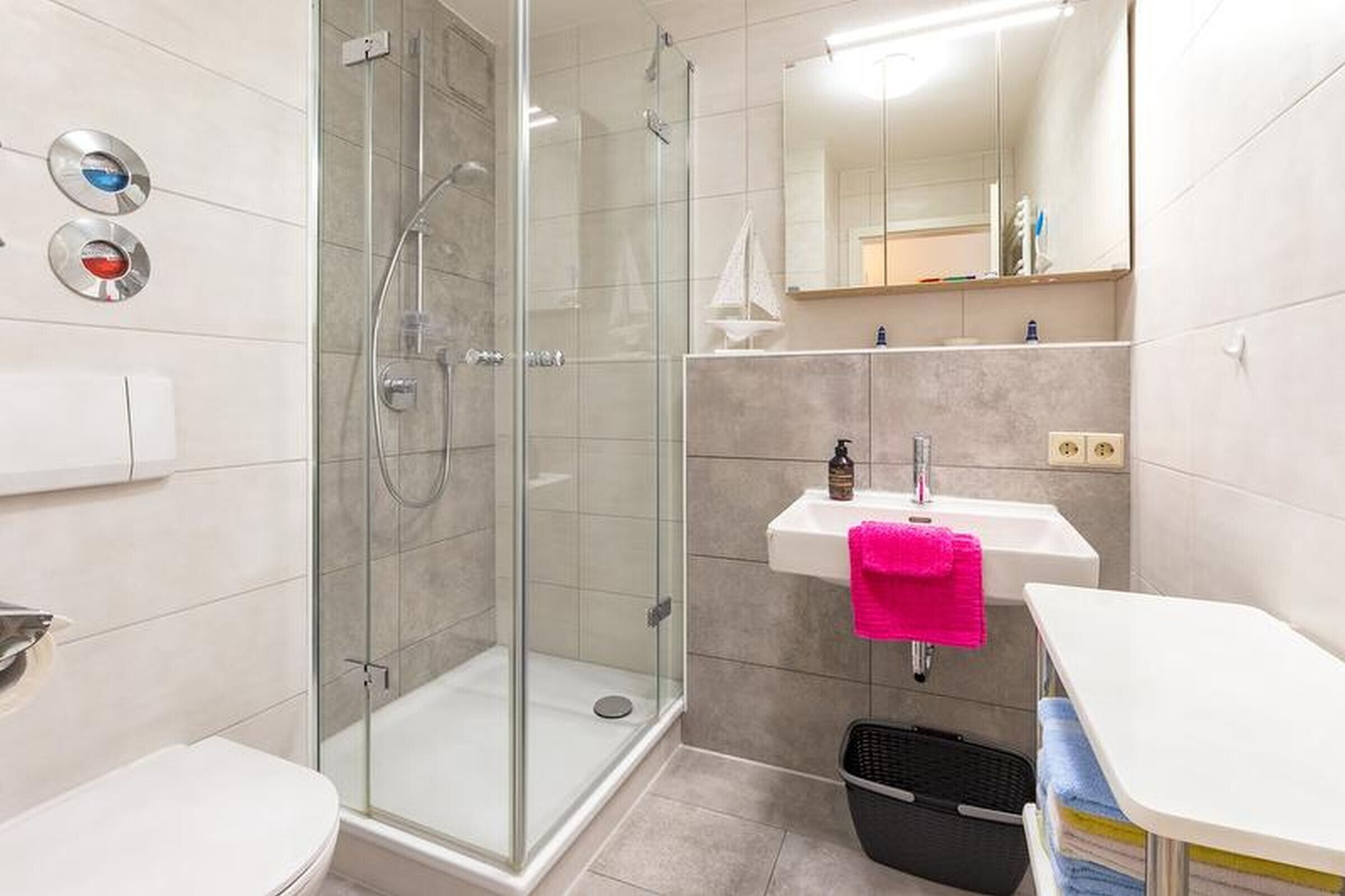 Shower, hair dryer, towels