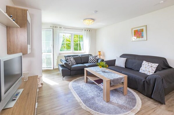 A modern living room with a sofa, a coffee table, and a TV.