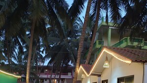 A row of single-story buildings with a dirt path leading to them, surrounded by palm trees. - Love paradise  (Arambol)