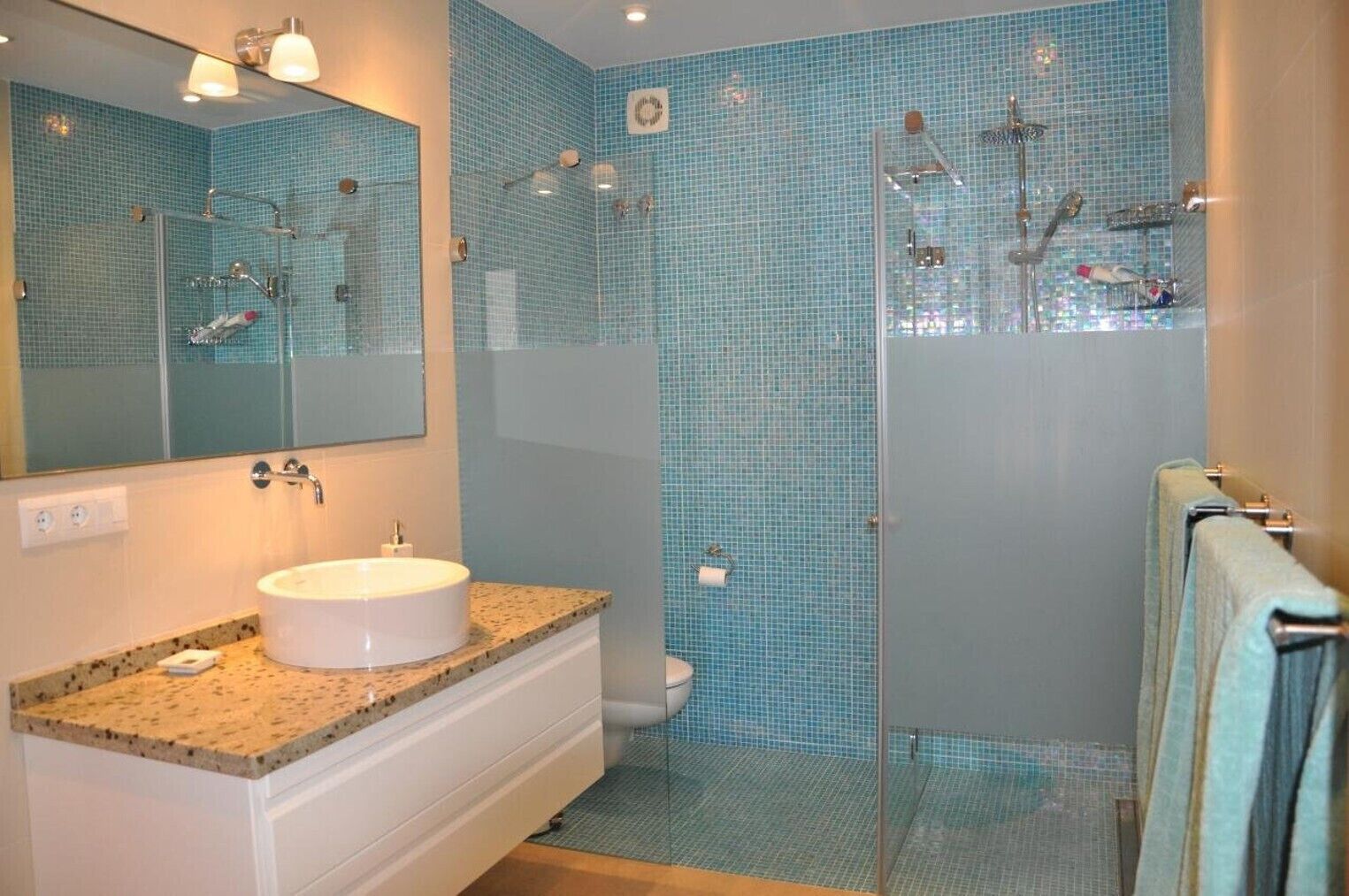 Douche, séchoir à cheveux, serviettes fournies