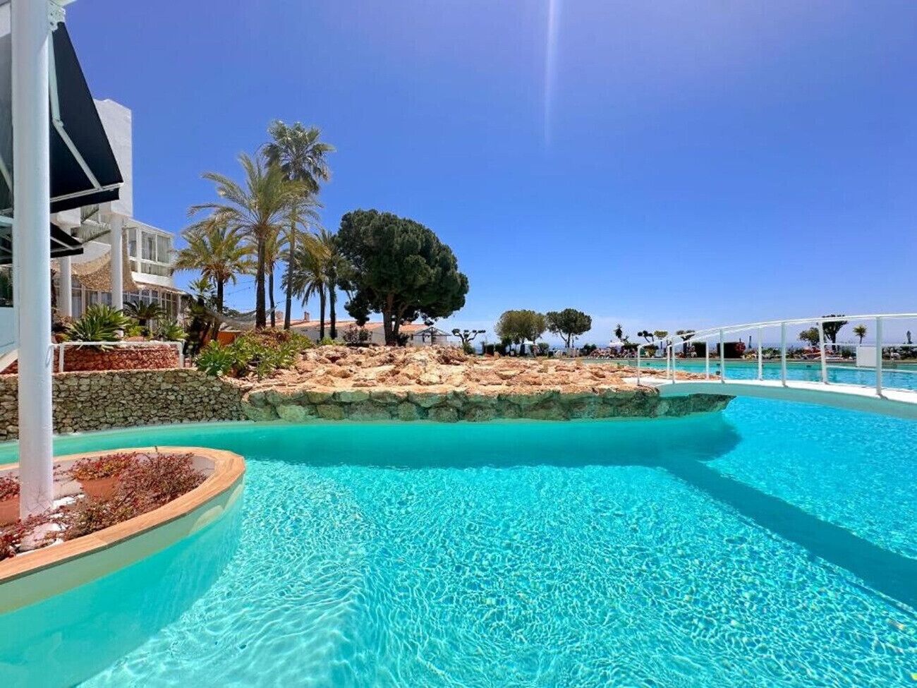 A clear blue pool with a stone ledge and palm trees in the background.