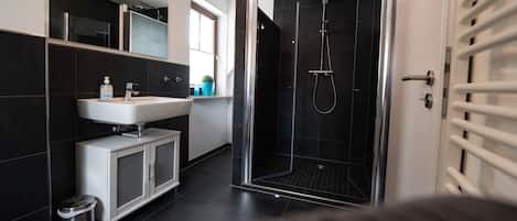 Shower, hair dryer, towels