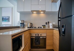 Fridge, microwave, oven, stovetop