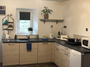 Fridge, microwave, stovetop, coffee/tea maker