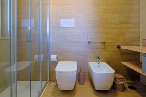 Shower, hair dryer, bidet, towels