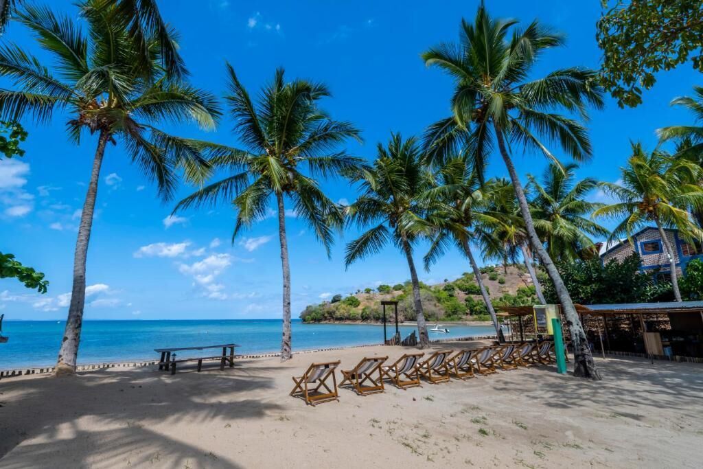 A beach with palm trees, a sandy area with wooden lounge chairs, and a building in the background.