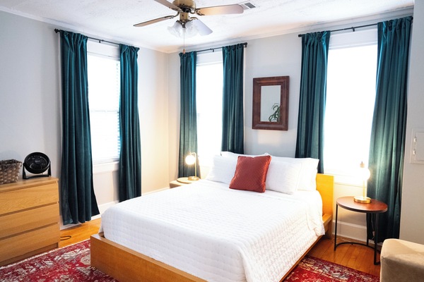 Simple, serene, and stylish with a queen-sized bed