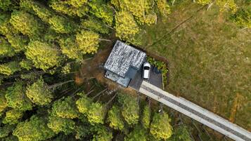 An aerial view of a forested area with a building and a road.