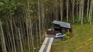 A cabin surrounded by tall trees, accessible by a paved path. - Cozy Hideaway in the Mountains of Altos de María (Sorá)