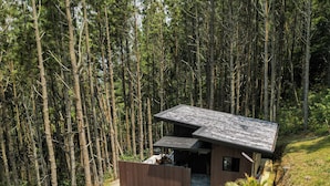 A modern cabin with a sloped roof, surrounded by a forest. It features a stone pathway leading to the entrance and a small patio area with outdoor seating. - Cozy Hideaway in the Mountains of Altos de María (Sorá)