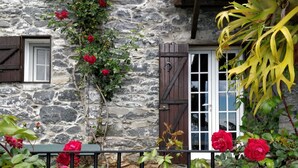 A stone building with a wooden door and windows, surrounded by lush greenery and red roses. - Cottage Sapateiro, a shelter in the nature! (Arco da Calheta)
