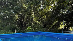 Ein Schwimmbecken mit zwei aufblasbaren Ringen.