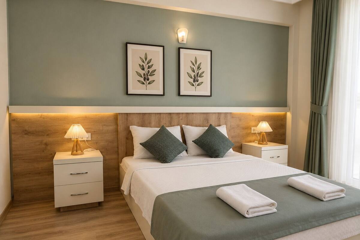 Habitación de hotel ordenada con cama, dos mesitas de noche con lámparas, cabecero de madera e impresiones botánicas enmarcadas en la pared.