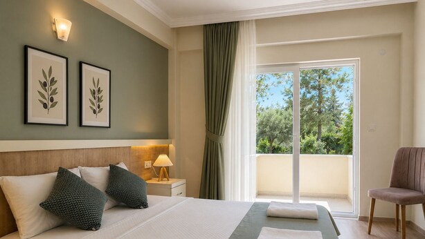 Habitación de hotel con cama, mesita de noche con lámpara, una silla y balcón con vistas a árboles.