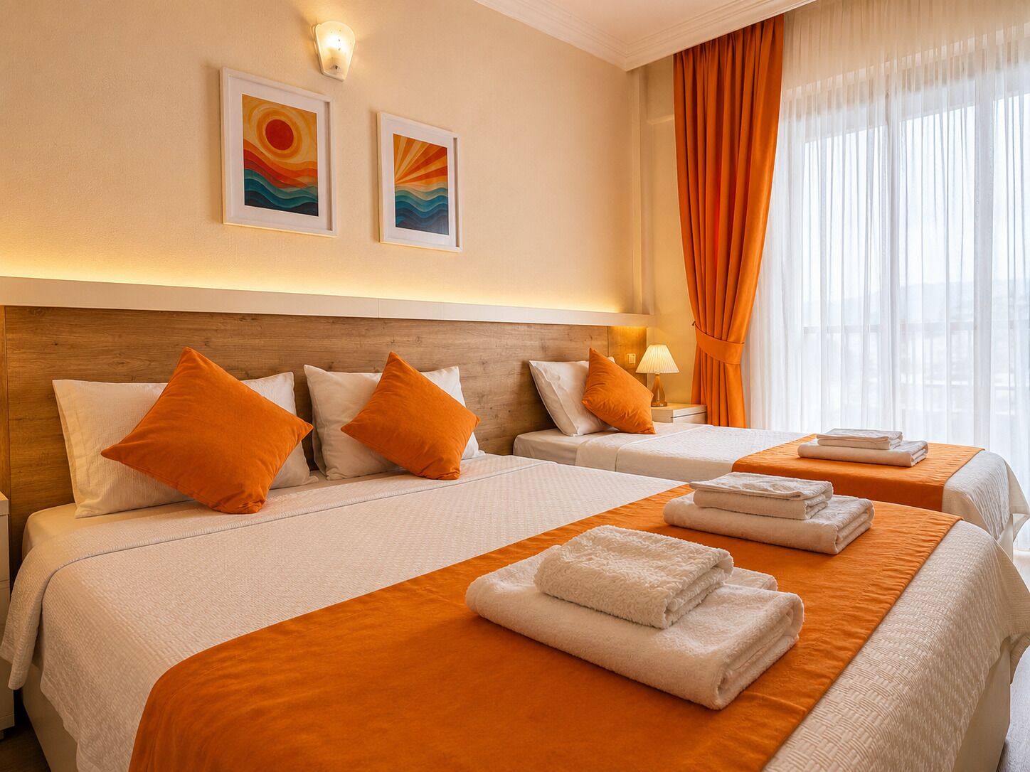 Habitación de hotel con dos camas, ropa de cama naranja, toallas blancas, una obra de arte en la pared y una ventana con cortinas.