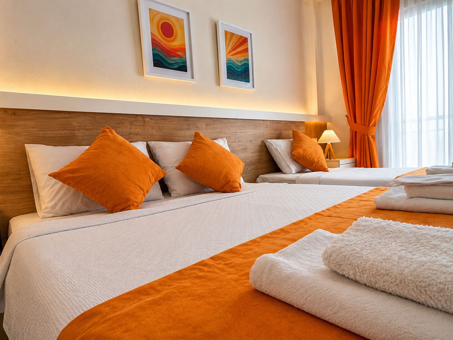 Habitación de hotel con dos camas, ropa de cama naranja, almohadas blancas y una obra de arte en la pared.
