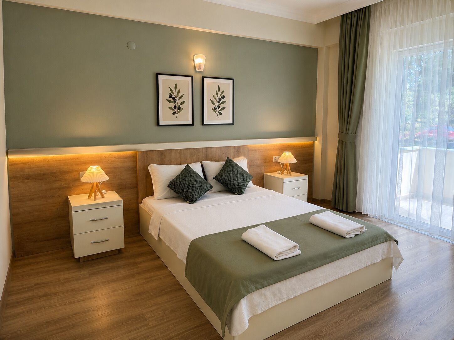 A neatly arranged hotel room with a bed, bedside lamps, a nightstand, and a window with curtains.