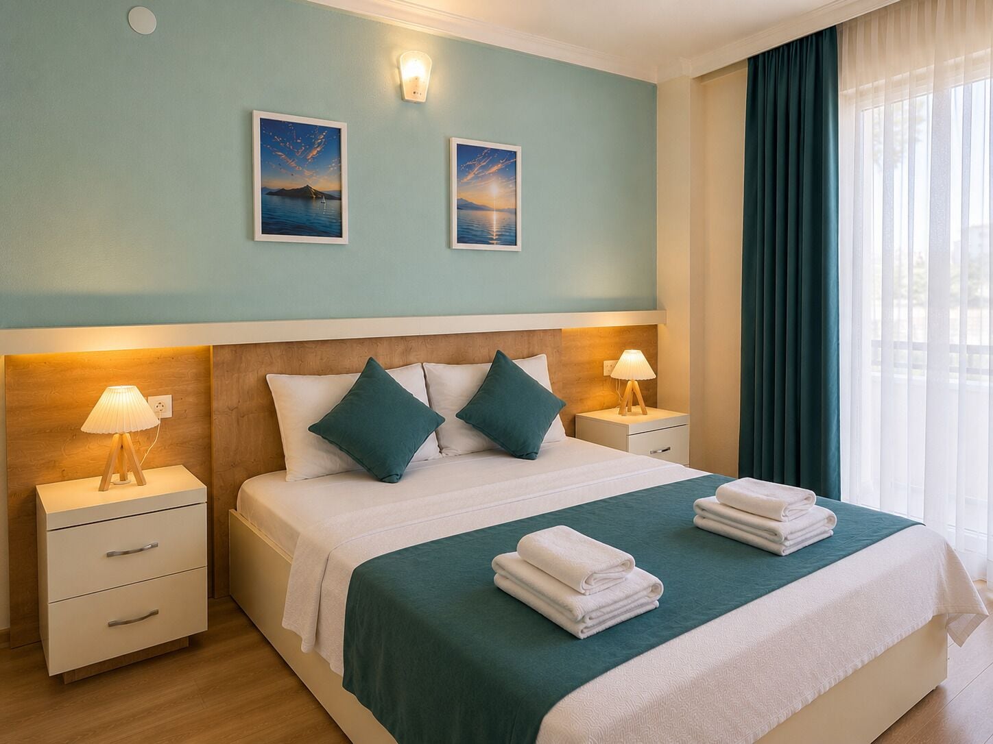 Een hotelkamer met een bed, twee nachtkastjes, een houten hoofdeinde, een raam met gordijnen en twee aan de muur hangende foto's.