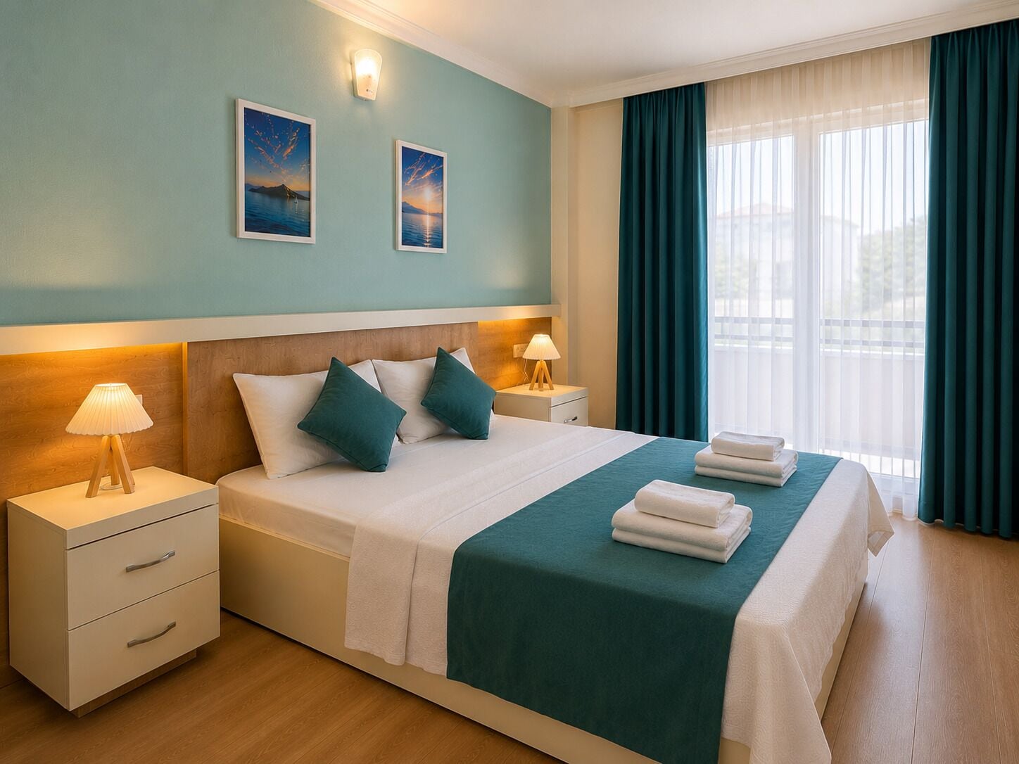 Une chambre d’hôtel comprenant un lit, deux tables de chevet, une commode, une fenêtre avec des rideaux et deux tableaux accrochés au mur.