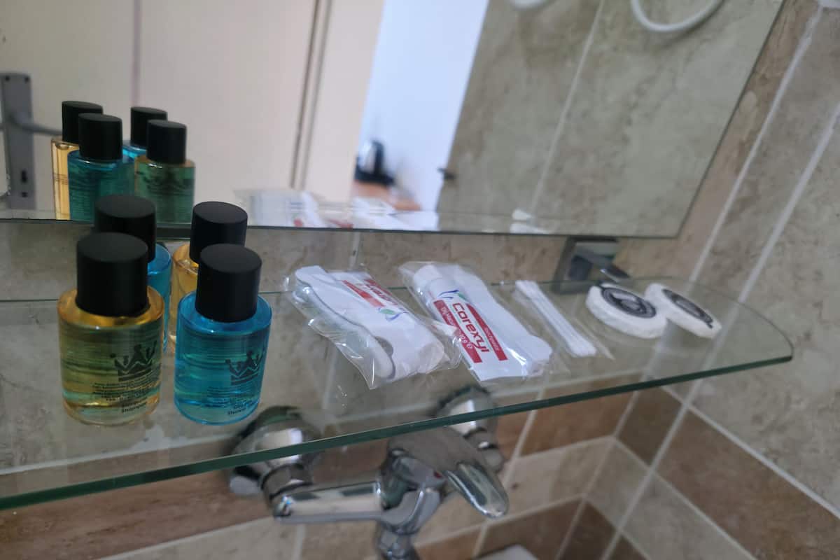 Shower, towels, shampoo, toilet paper