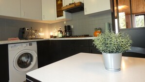 Una cocina con lavadora, cafetera y una planta en maceta.