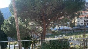 A balcony with a round table and two chairs, overlooking a river and a hillside with trees and buildings. - Sunny F2 near spa, pets allowed (Amélie-les-Bains-Palalda)