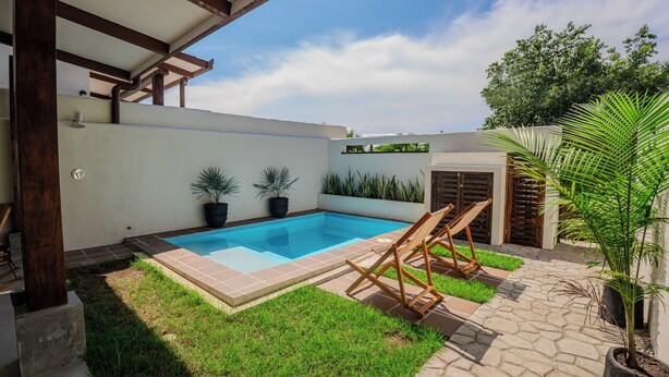 A swimming pool with a tiled deck, surrounded by grass and potted plants.