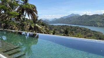 Outdoor pool, pool umbrellas, pool loungers