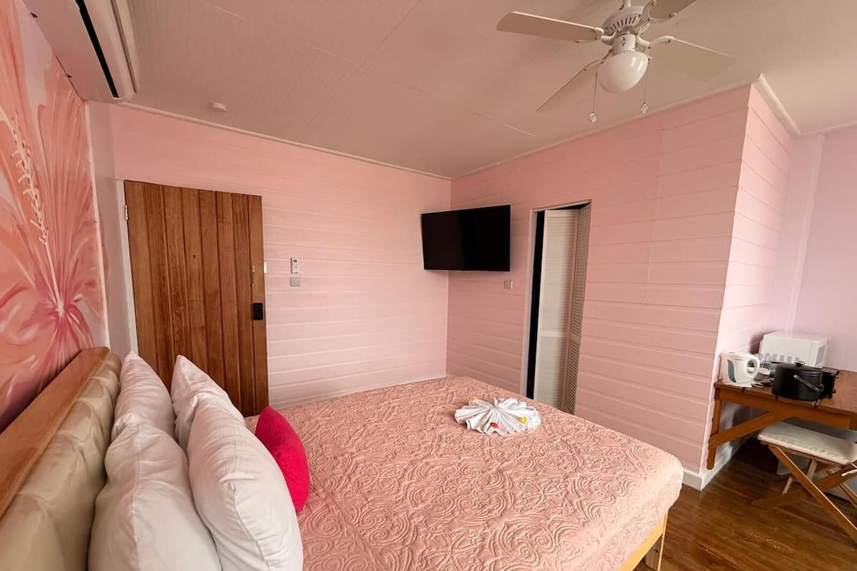 A bedroom with a bed, pillows, a ceiling fan, a TV, and a desk with a chair.