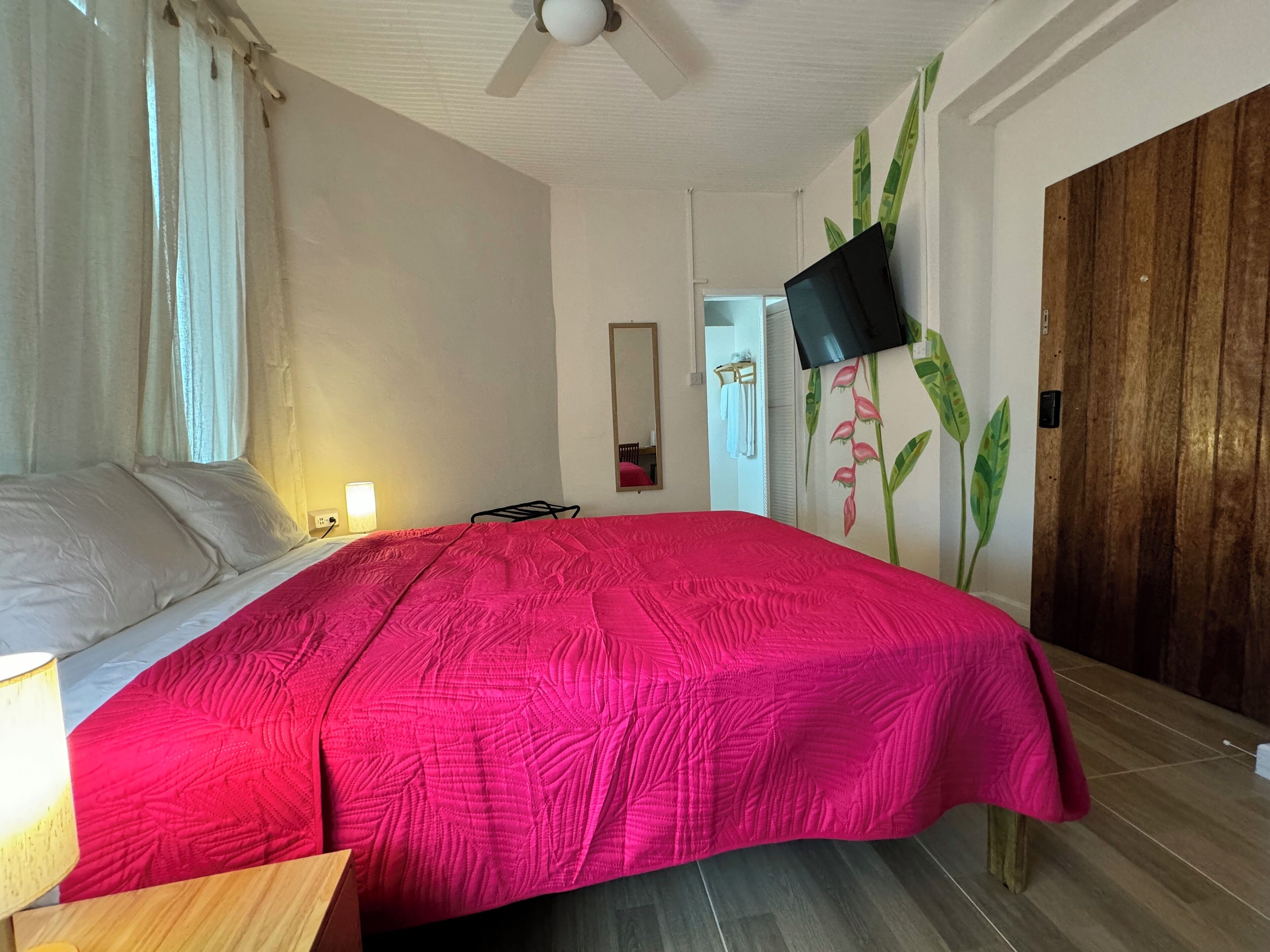 Une chambre à coucher avec un lit, un téléviseur à écran plat fixé au mur, une porte en bois et un miroir.