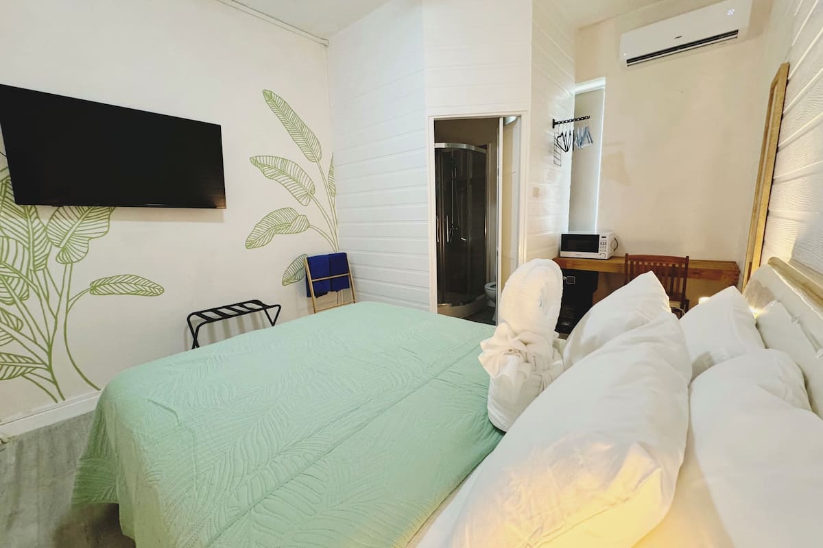 A hotel room with a bed, a TV mounted on the wall, a shower, and an air conditioning unit.