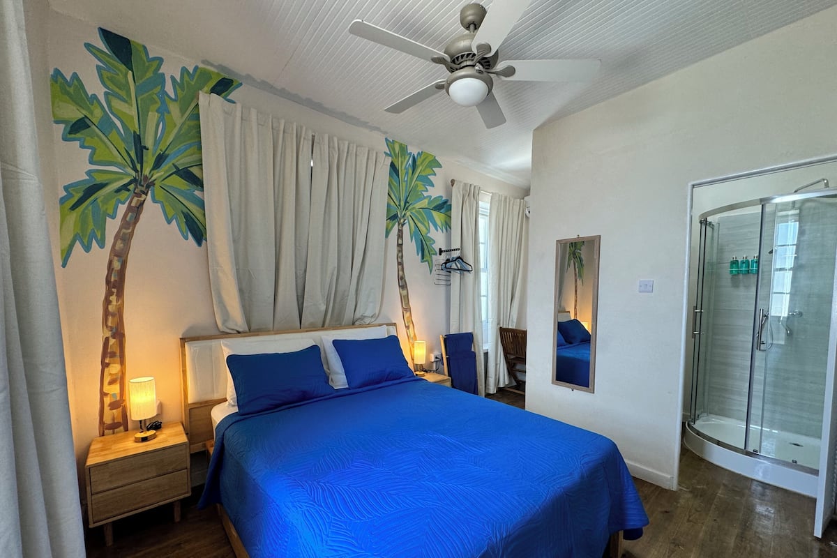 A bedroom with a large bed, a ceiling fan, a nightstand, a chair, a glass shower enclosure, and a mirror.